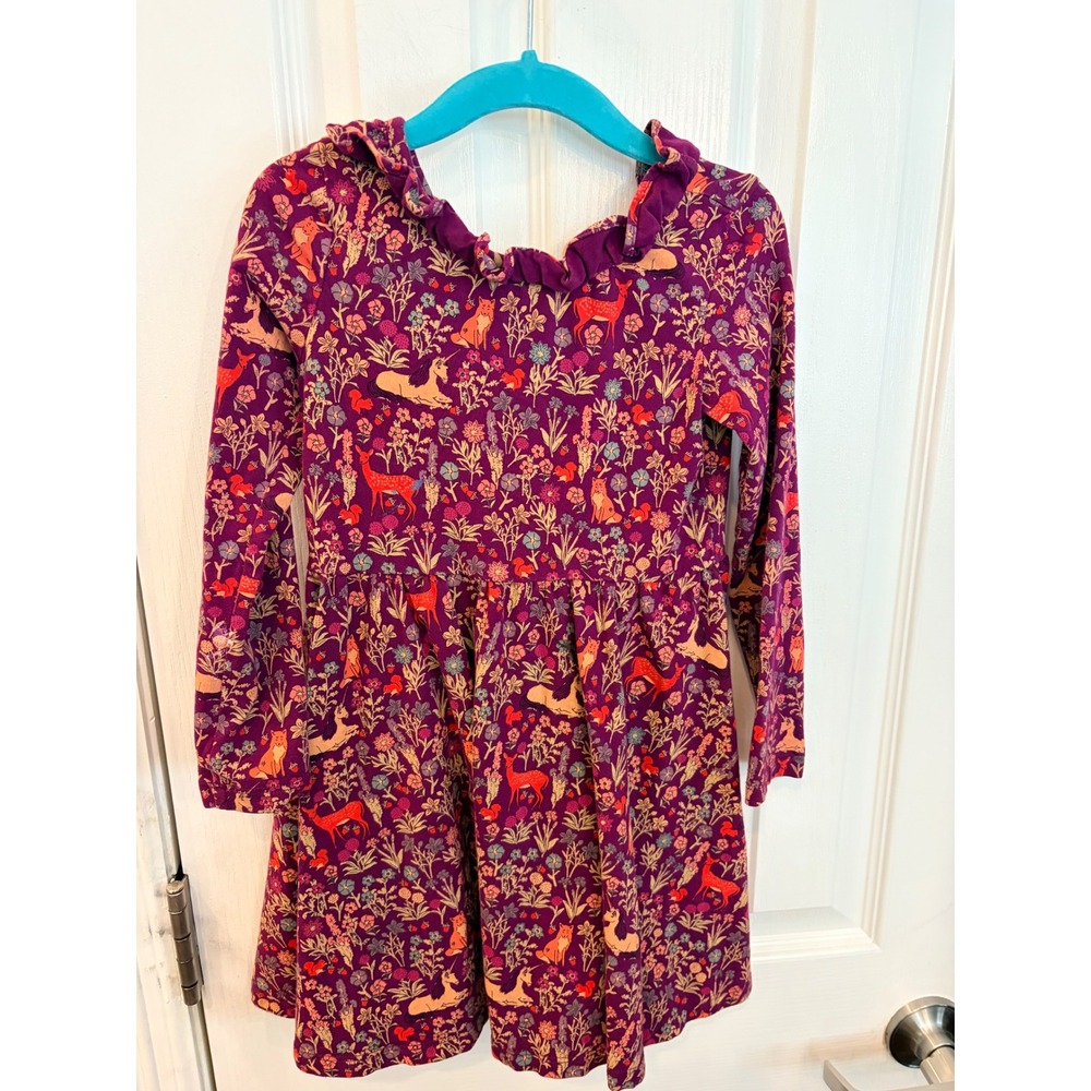 Tea Collection Dress Purple Woodland Floral Deer Fox Unicorn Ruffle Neck 5